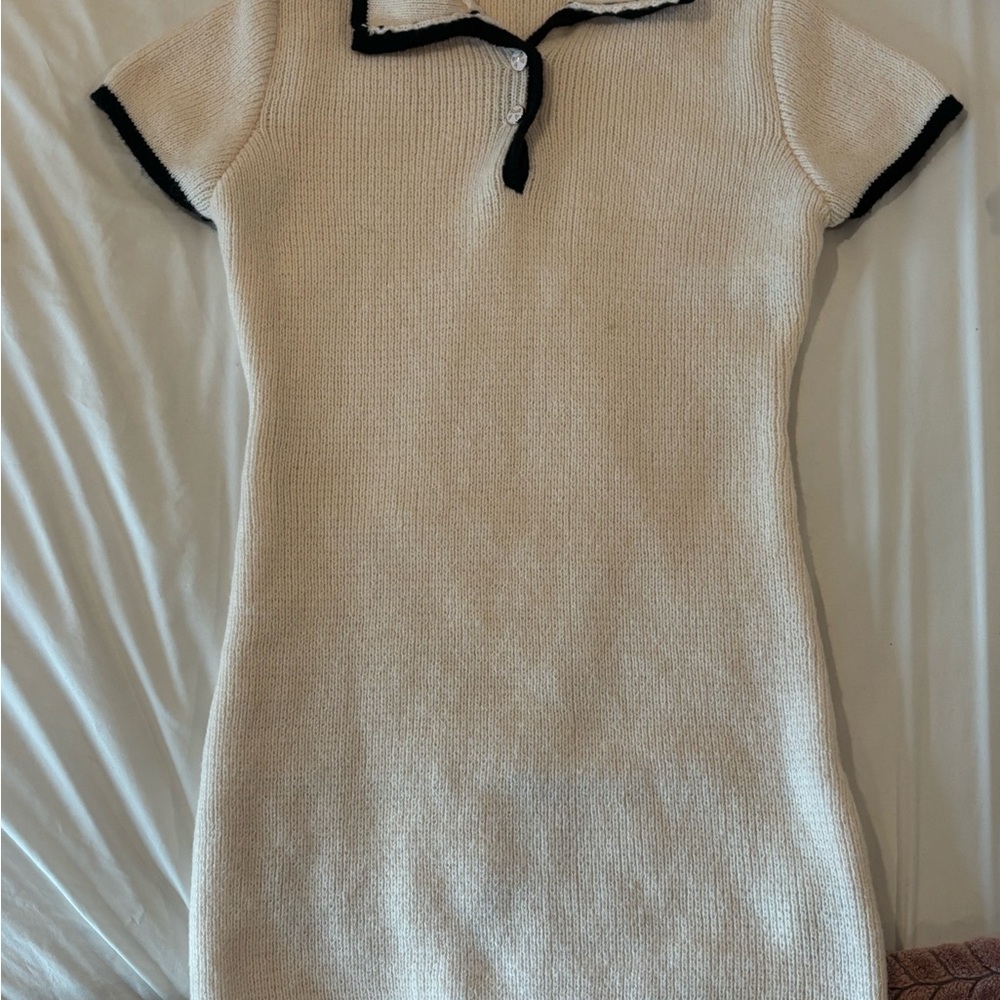 Cream Knit Dress with Black Trim